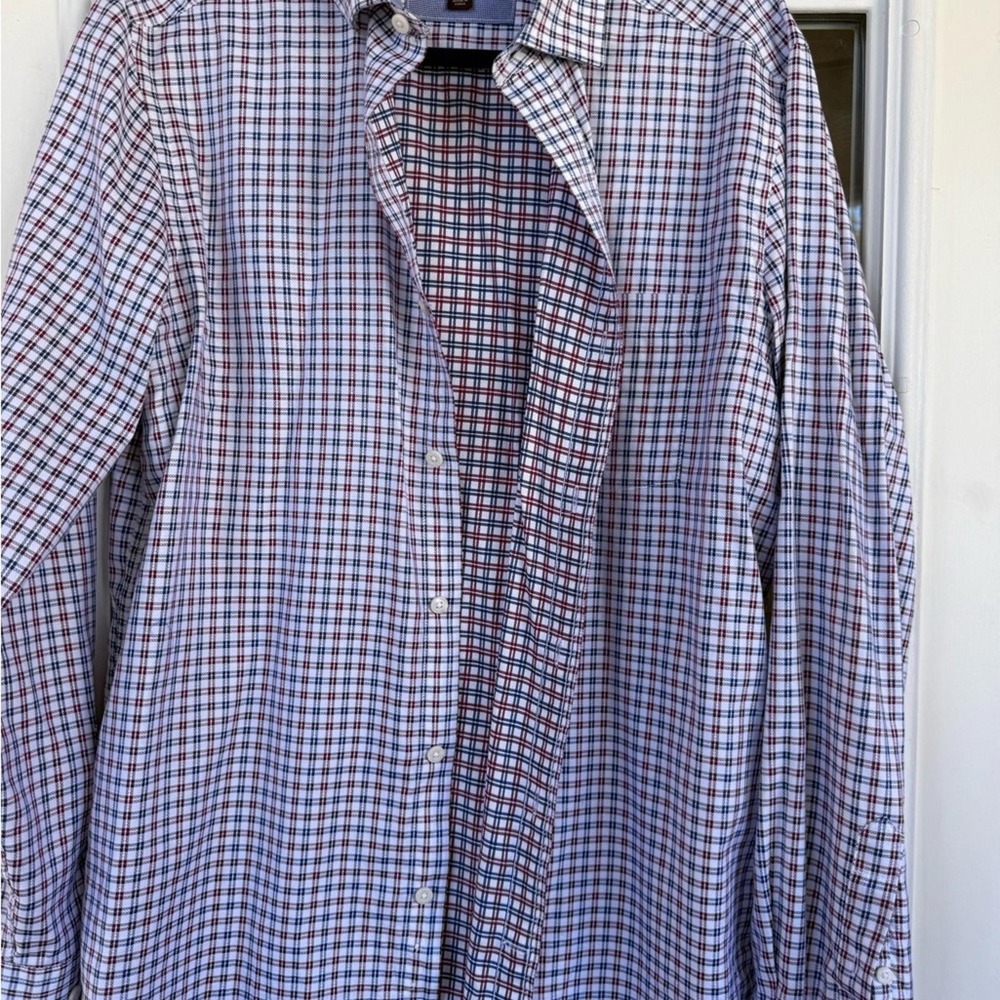 Johnston & Murphy button-down men's dress shirt White w/blue&red plaid EUC Med